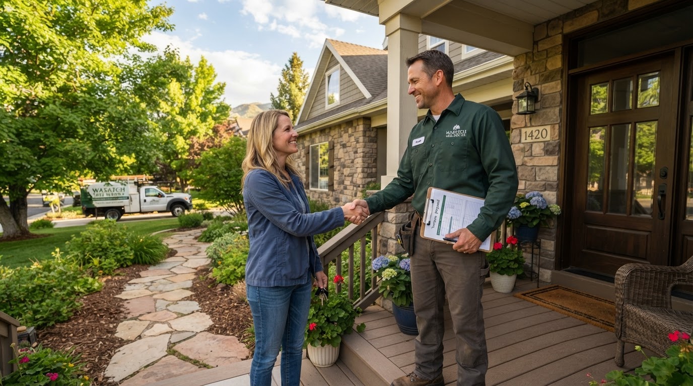 Estimator meeting a homeowner on their porch to discuss a tree care quote, by a tree service in Saratoga Springs, UT