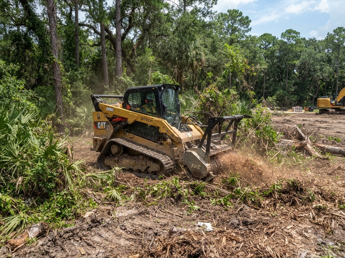 Track loader and heavy equipment clearing trees and dense underbrush on property lot in Brunswick GA
