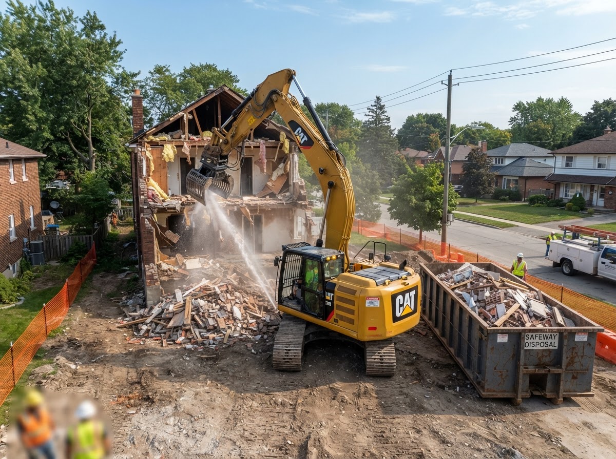 Heavy excavator tearing down rotted shed structure with precision property demolition in Georgia