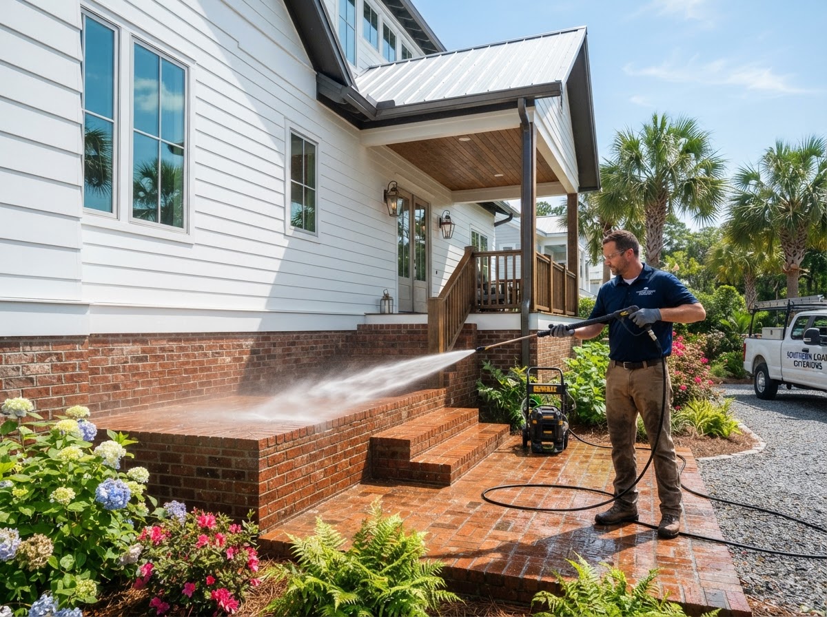 Contractor pressure washing home exterior siding and concrete porch clean in Brunswick GA