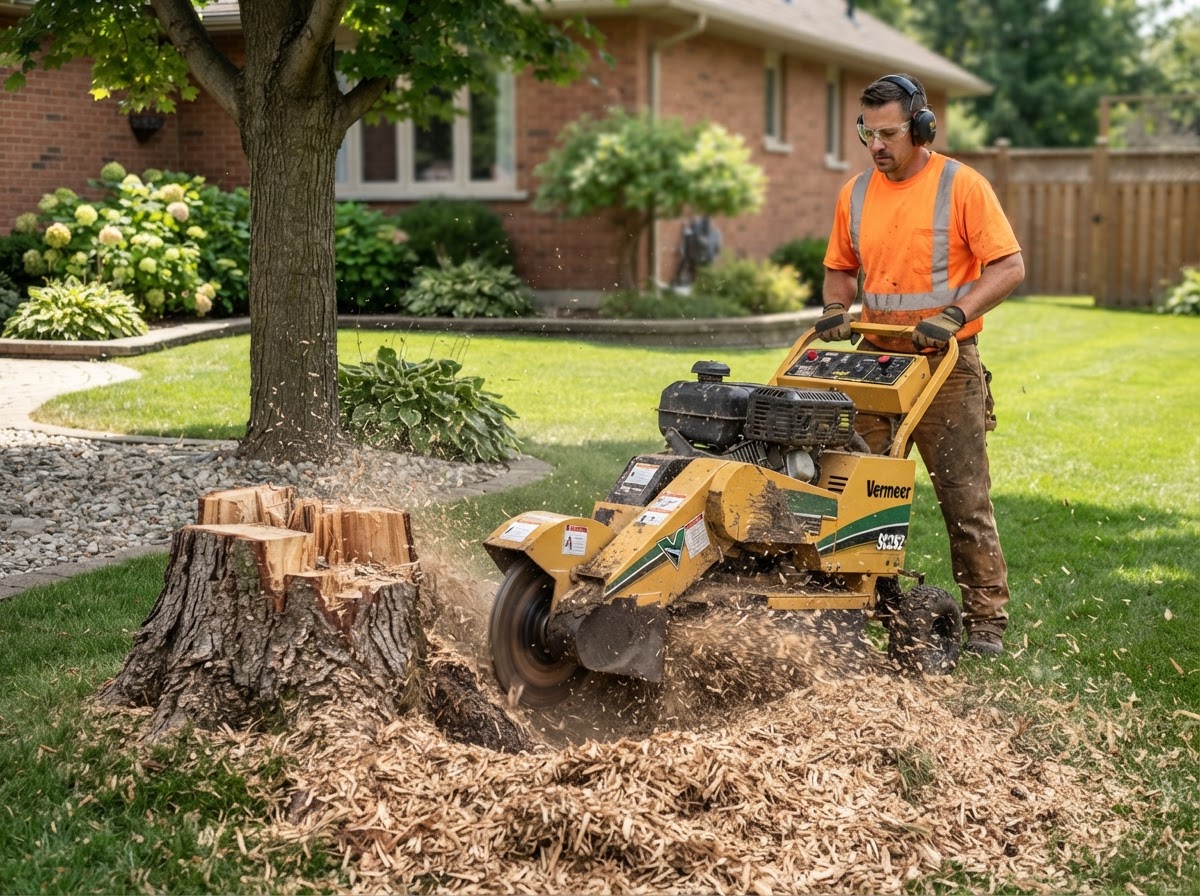 Commercial heavy duty stump grinding machine eliminating large tree stump in Glynn County yard