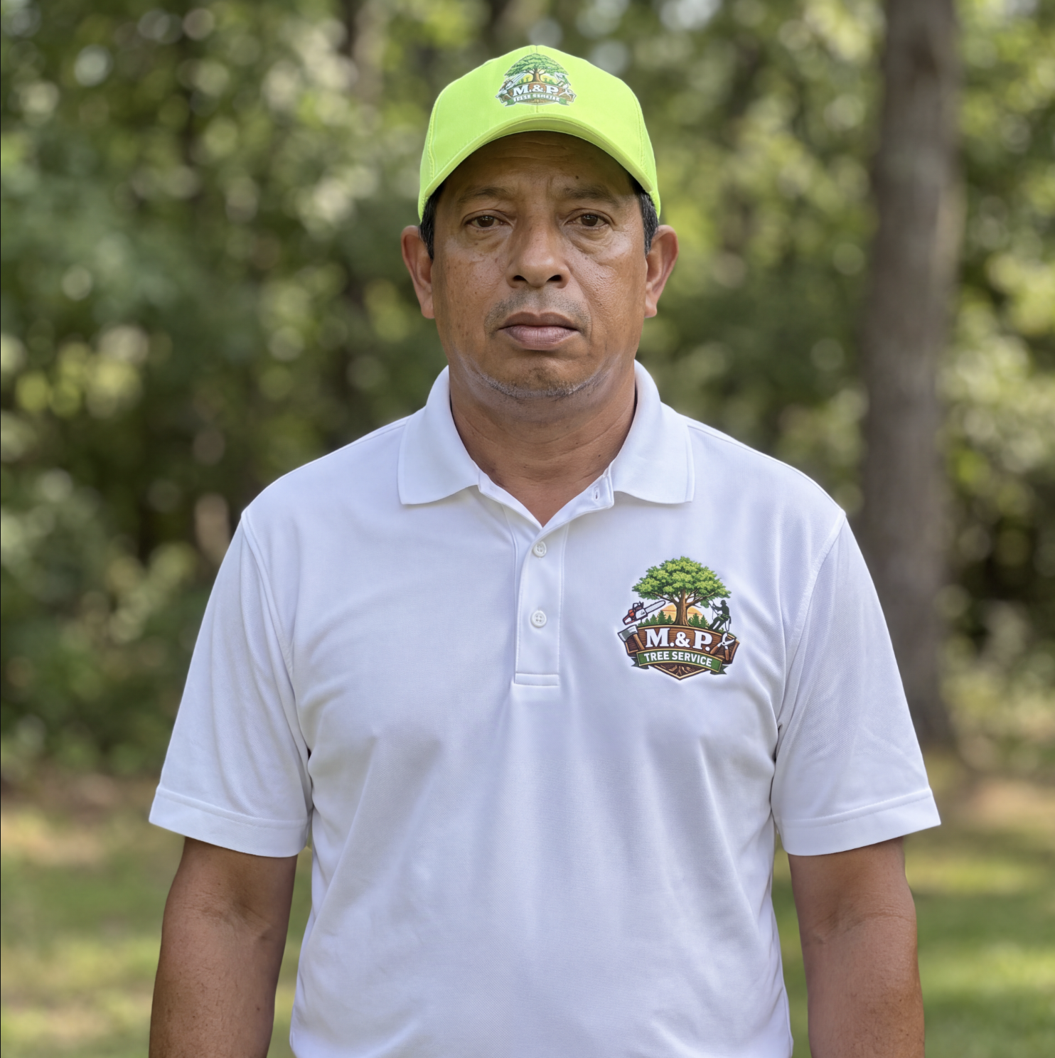 Founder and Owner of M. & P. Tree Service Brunswick GA wearing company uniform and cap
