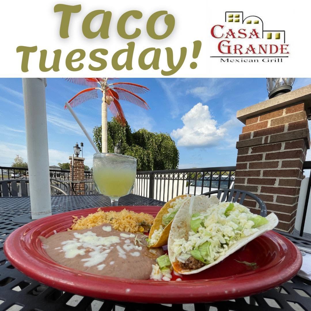 Tacos, refried beans, and frozen margarita enjoyed outdoors on the Woodland Plaza patio