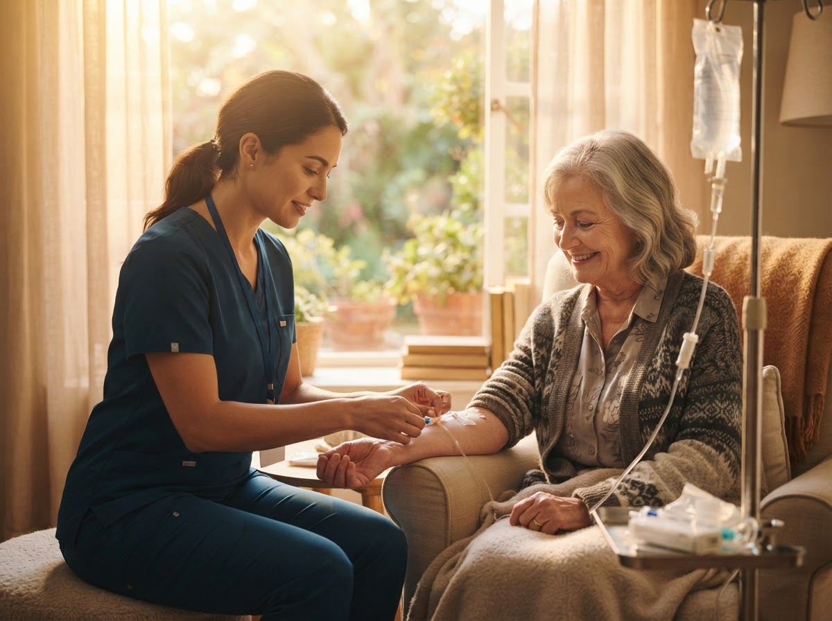 Home infusion nurse delivering patient-specific sterile IV therapy at the bedside