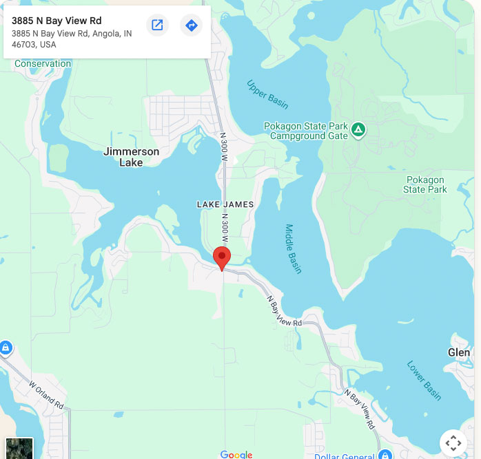 Map showing 4Korners Restaurant at the legendary Four Corners on Lake James and Jimmerson Lake in Angola, Indiana