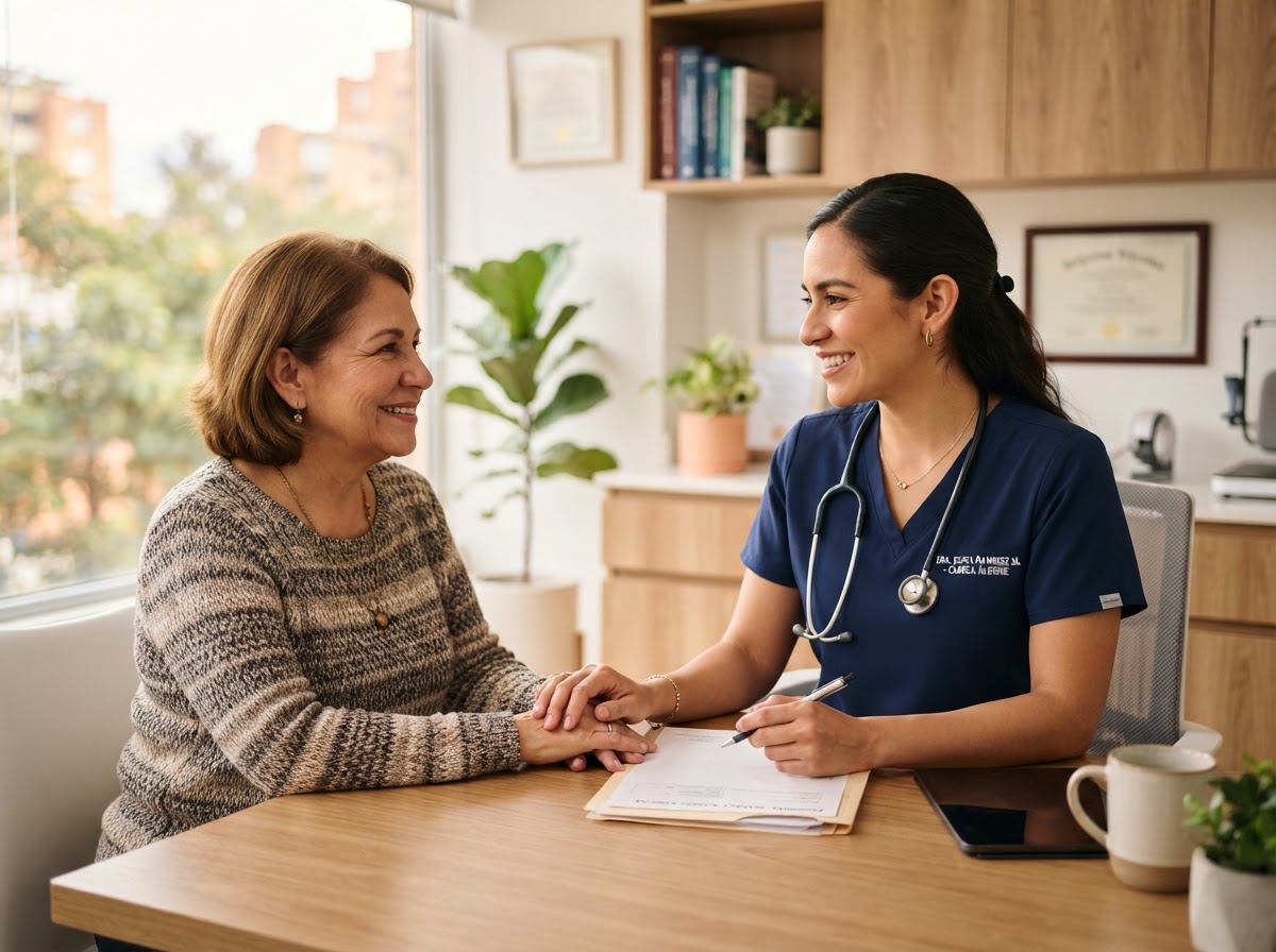 Profesional médico de Vitalia interactuando cordialmente con paciente