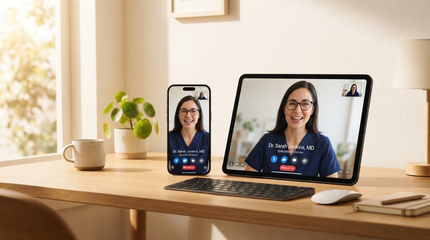 Mockup realista de videoconsulta médica en laptop y smartphone Vitalia