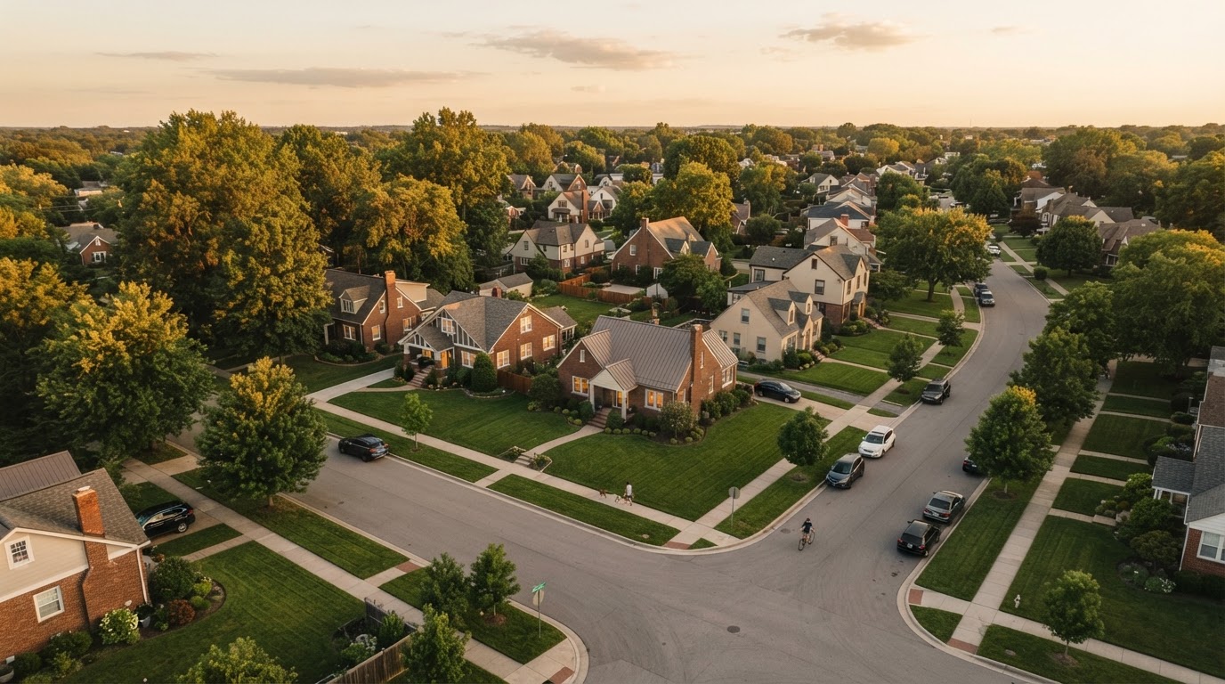 Aerial view of a quiet residential neighborhood at golden hour