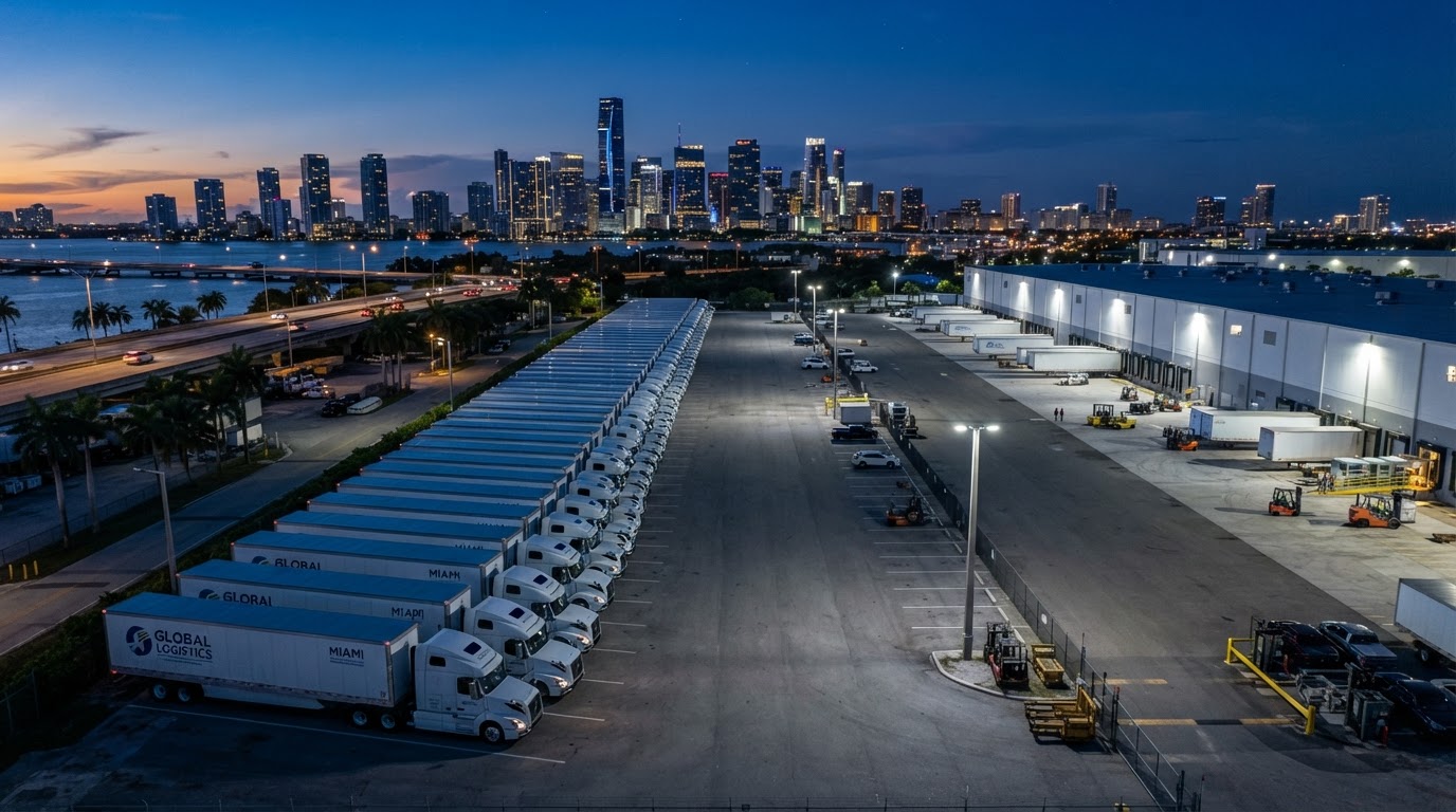 Line of semi-trucks at a freight yard, carrier coordination in South Florida