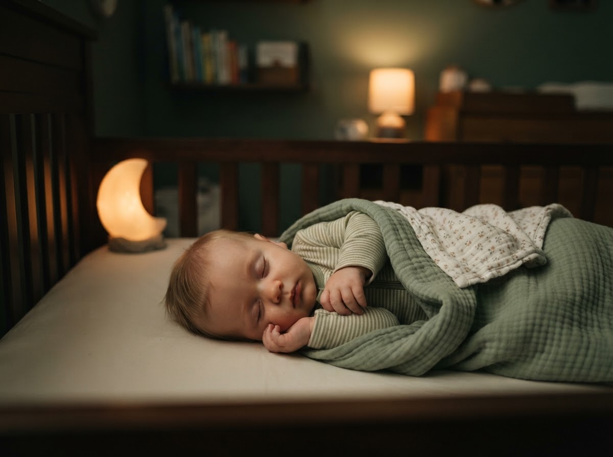 Bebé durmiendo plácidamente en una cuna con mantas verde salvia y luz cálida tenue