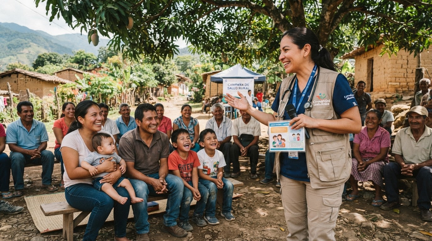 Médicos de campo realizando una charla preventiva comunitaria al aire libre