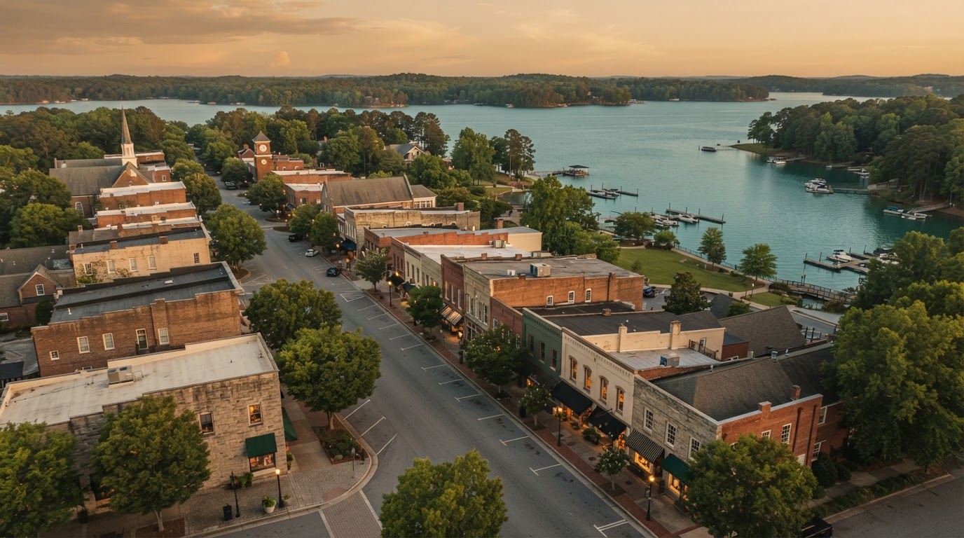 Aerial golden-hour view of a calm Lake Norman community and its main street