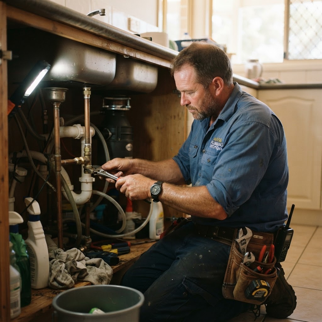 Australian plumber fixing pipes under a kitchen sink