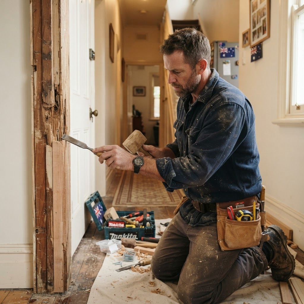 Australian handyman carpenter fixing a wooden door frame