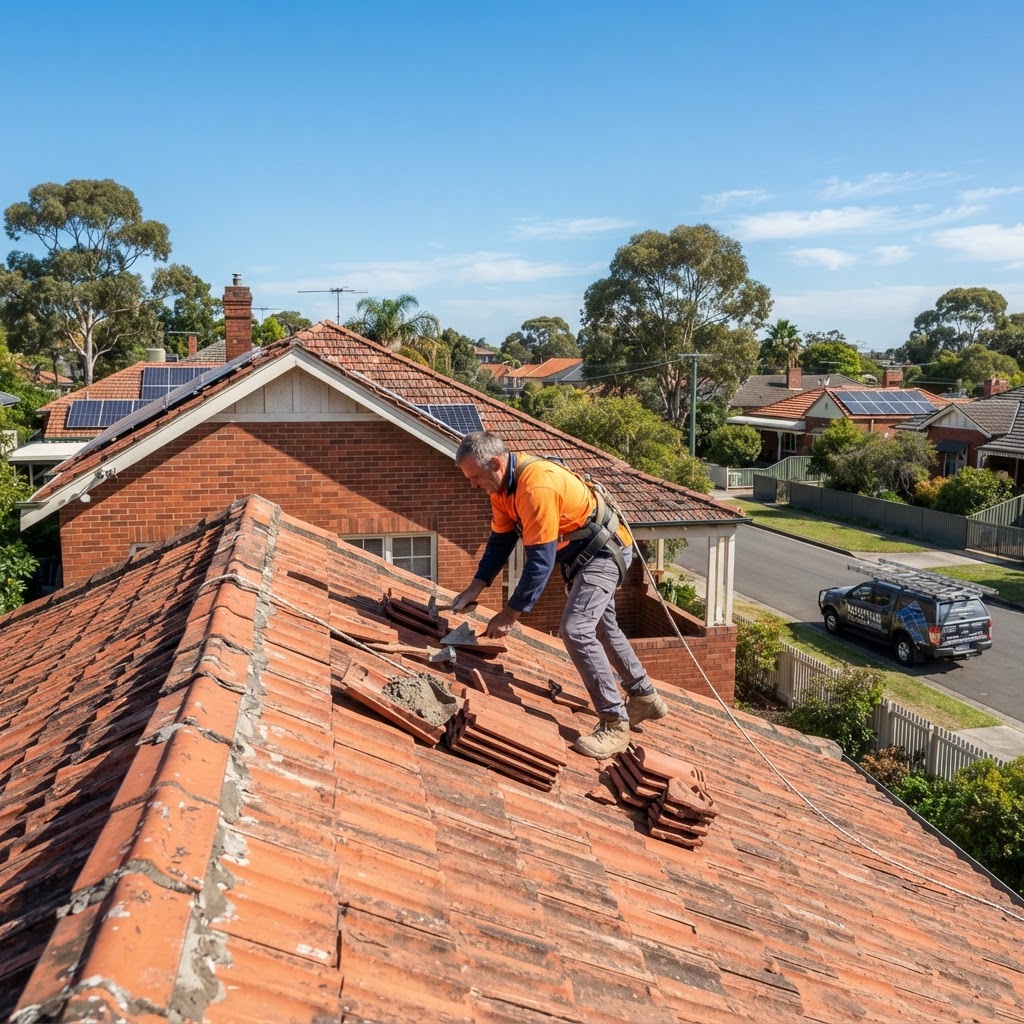 Australian roofer repairing roof tiles on a suburban home