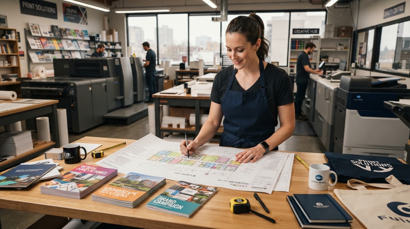Print shop specialist reviewing job specifications, color proofs, and production estimates