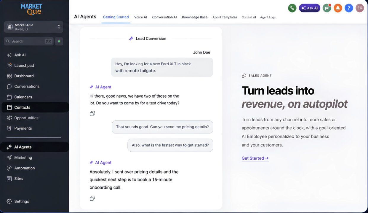 Market Que AI Agent responding to leads and driving bookings on autopilot
