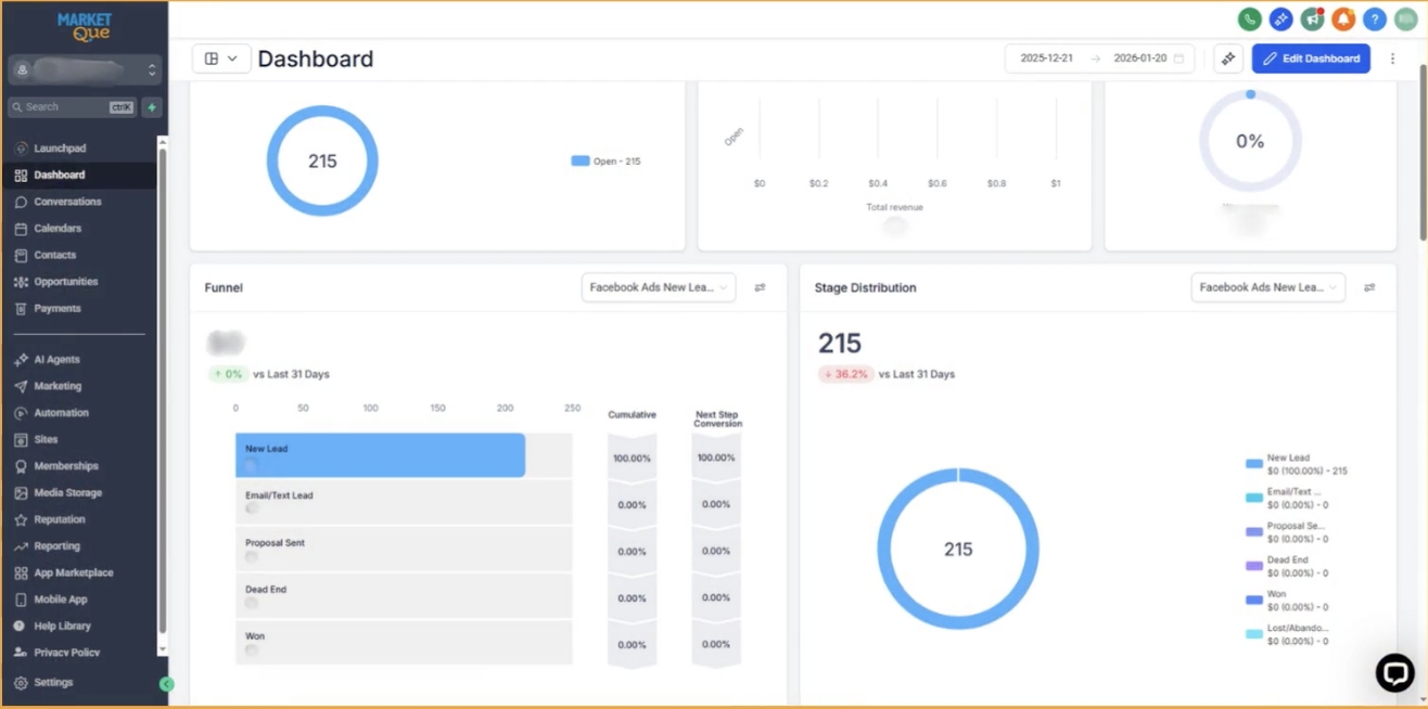 Market Que CRM Dashboard showing 215 active opportunities, conversion funnel, and revenue stages