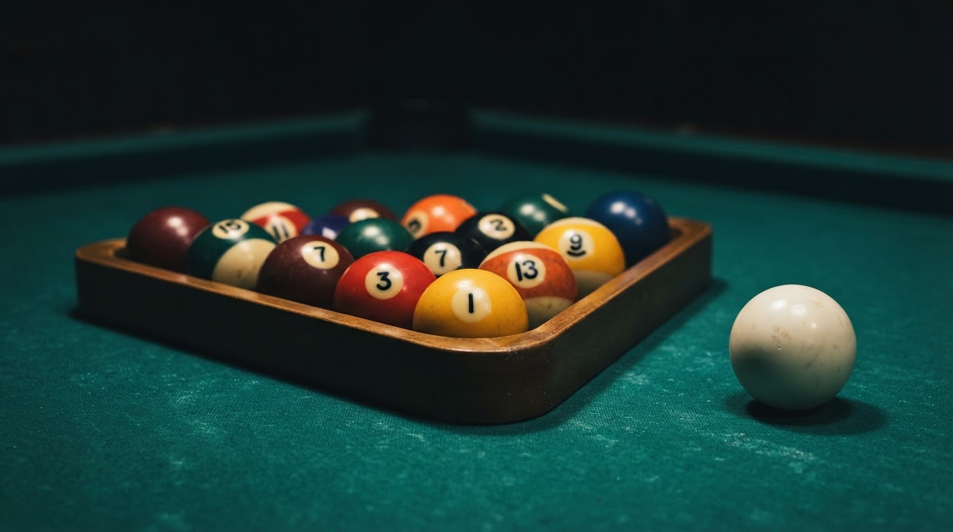 Close-up of billiard balls racked on green felt