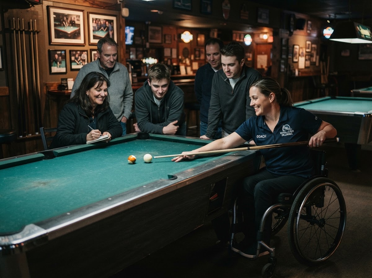 Kray Mims teaching a wheelchair billiards clinic to a small group at a pool table