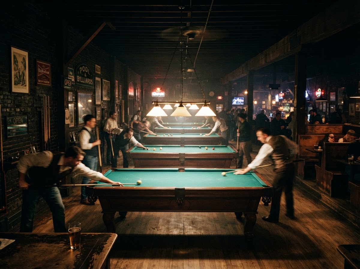 Atmospheric pool hall with rows of green billiards tables