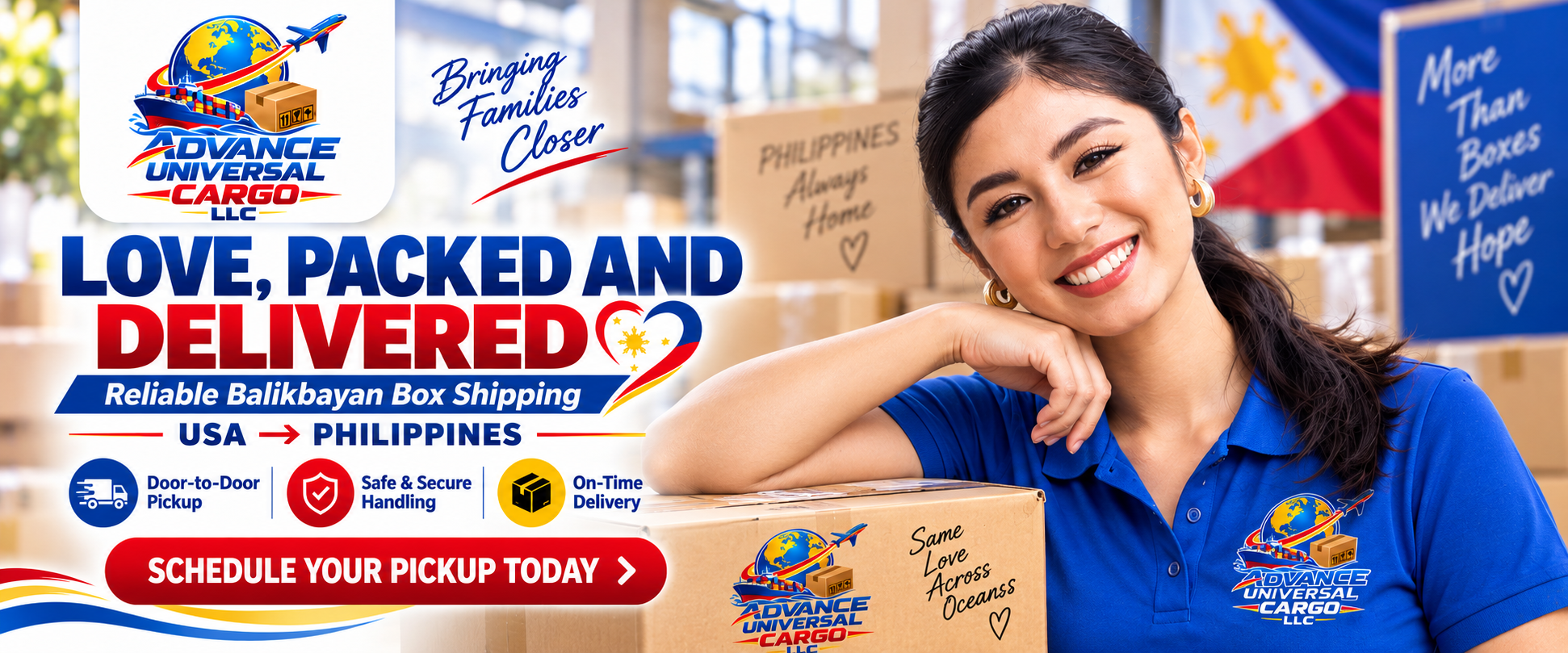 Universal Advance Cargo LLC - Love, Packed and Delivered. Reliable Balikbayan Box Shipping USA to Philippines. Door-to-Door Pickup, Safe & Secure Handling, On-Time Delivery.