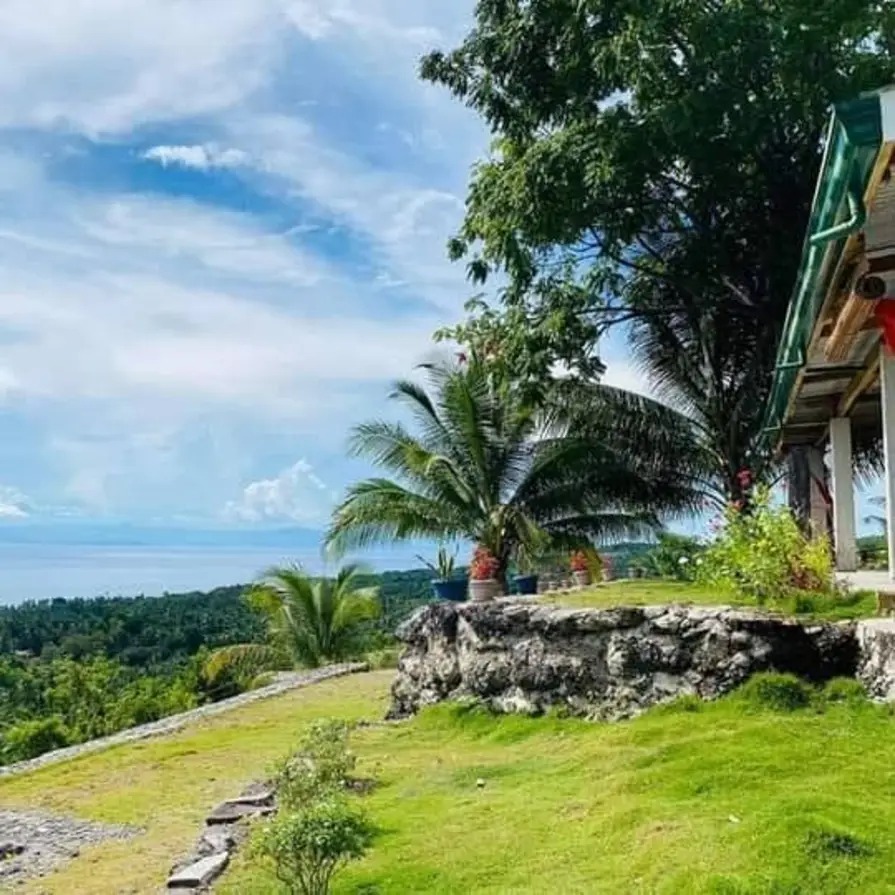 Mims House Cebu stone wall, green lawn, potted flowers, and sea view in Samboan