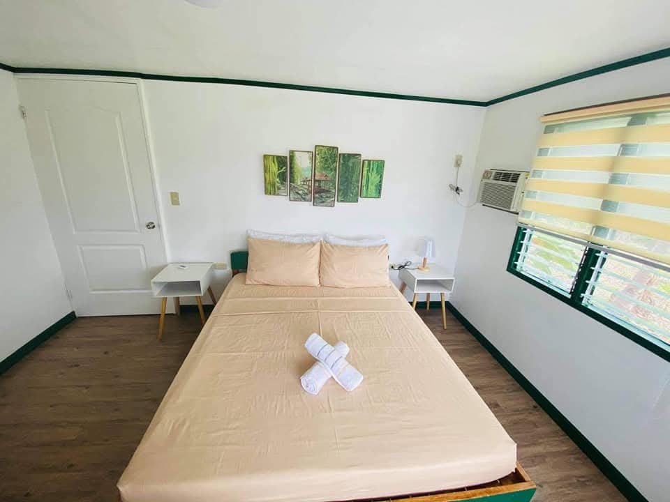 Bright and clean bedroom at Mims House Cebu with queen bed, forest green architectural trim, air conditioning unit, modern side tables, and botanical wall artwork