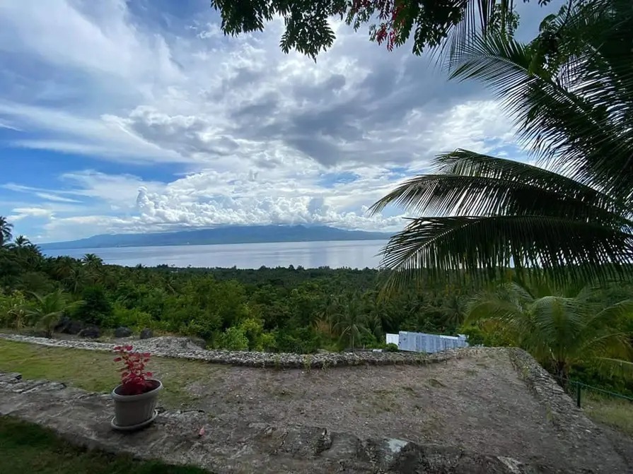 Stone terrace overlooking green forest canopy, sea, and mountains across the water near Mims House Cebu