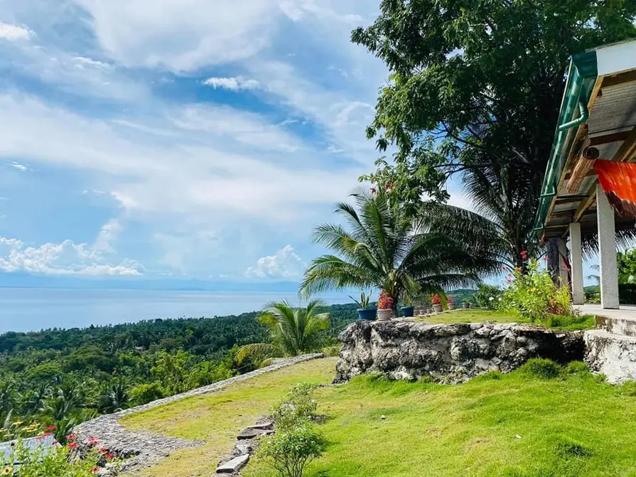 Lush green lawn and stone retaining wall with potted flowers overlooking the sea from Mims House Cebu