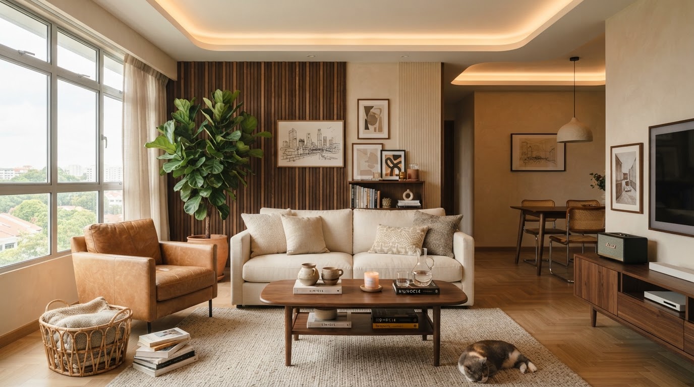 Illustrative image: Warm architectural living space in a modern Singapore HDB home