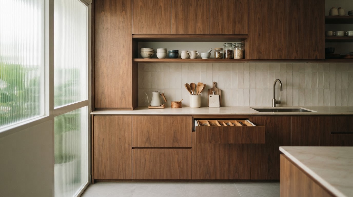 Illustrative image: Warm HDB kitchen with integrated storage and timber detail