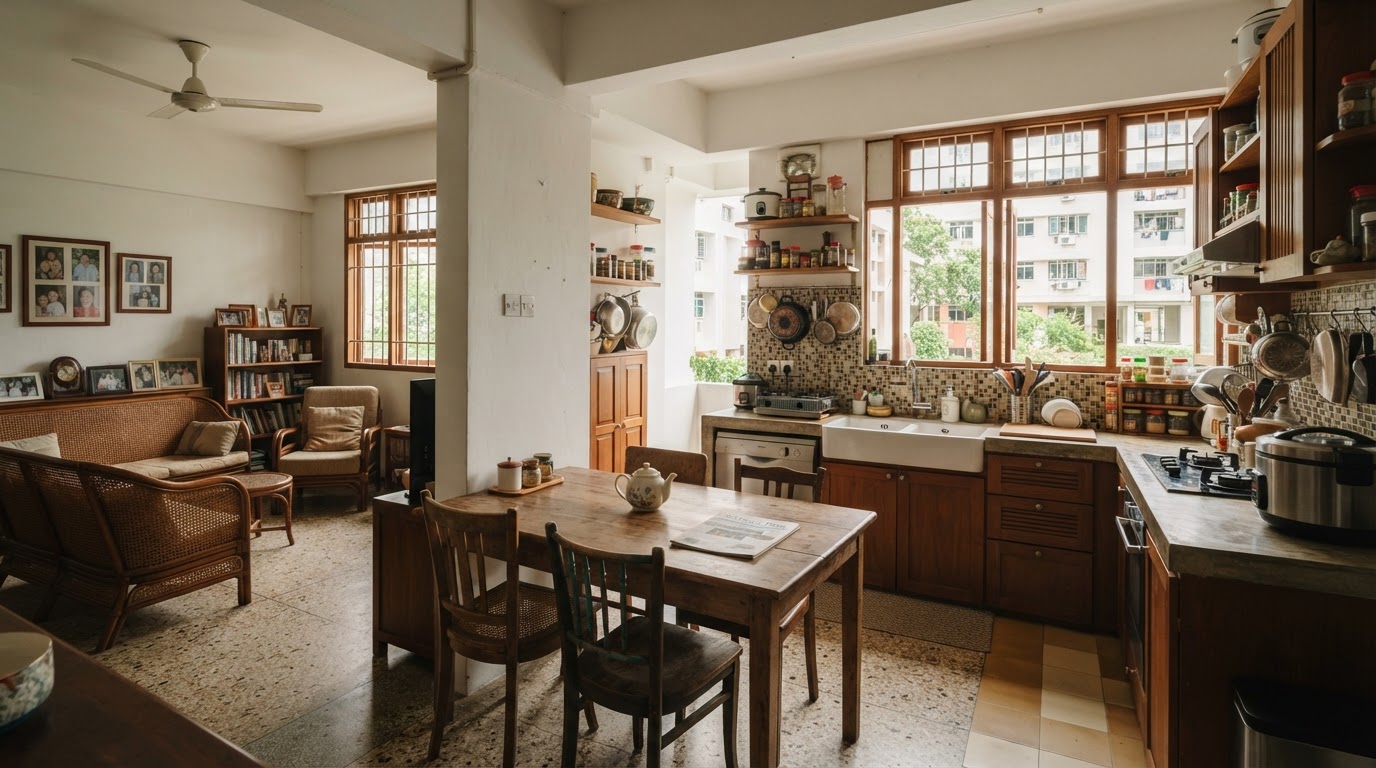 Illustrative image: Warm lived-in resale HDB interior with renovation potential