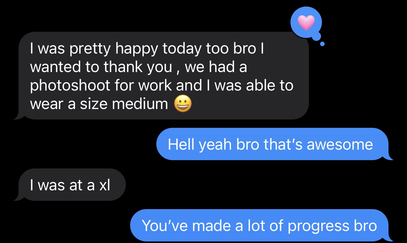 Authentic client message from Simon about wearing a size medium after previously wearing XL.