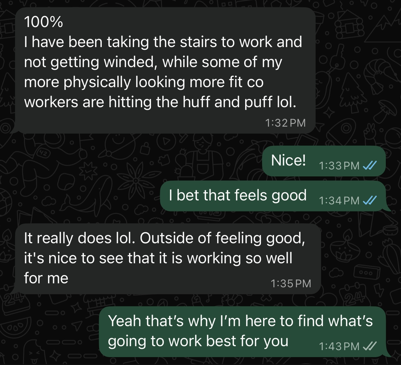 Tyler's message about taking stairs at work and not getting winded