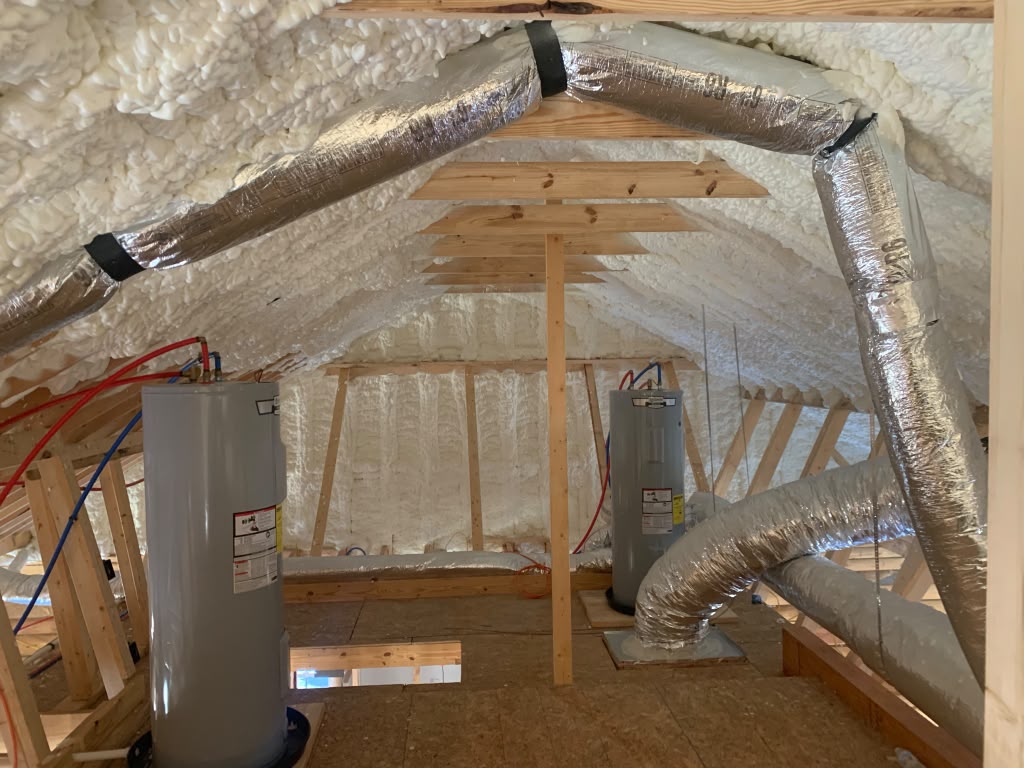 Spray foam roofline insulation in attic with mechanical equipment by Coastal Synergy in Savannah GA