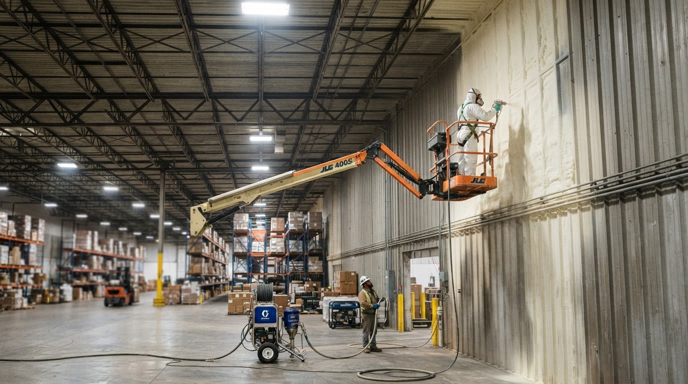 spray foam insulation being applied to high metal roof and wall panels inside a commercial warehouse near San Marcos Texas