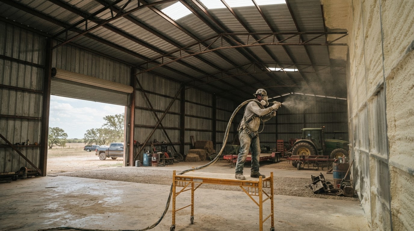 spray foam insulation being applied to interior metal wall panels of an agricultural farm building near San Marcos Texas