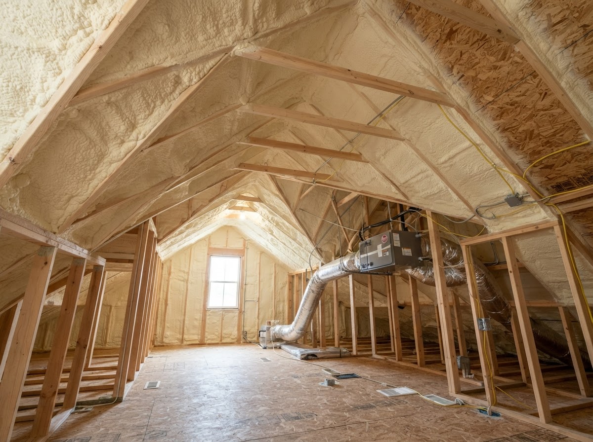 High quality spray foam insulation installed in an attic space roof rafters of a Texas home