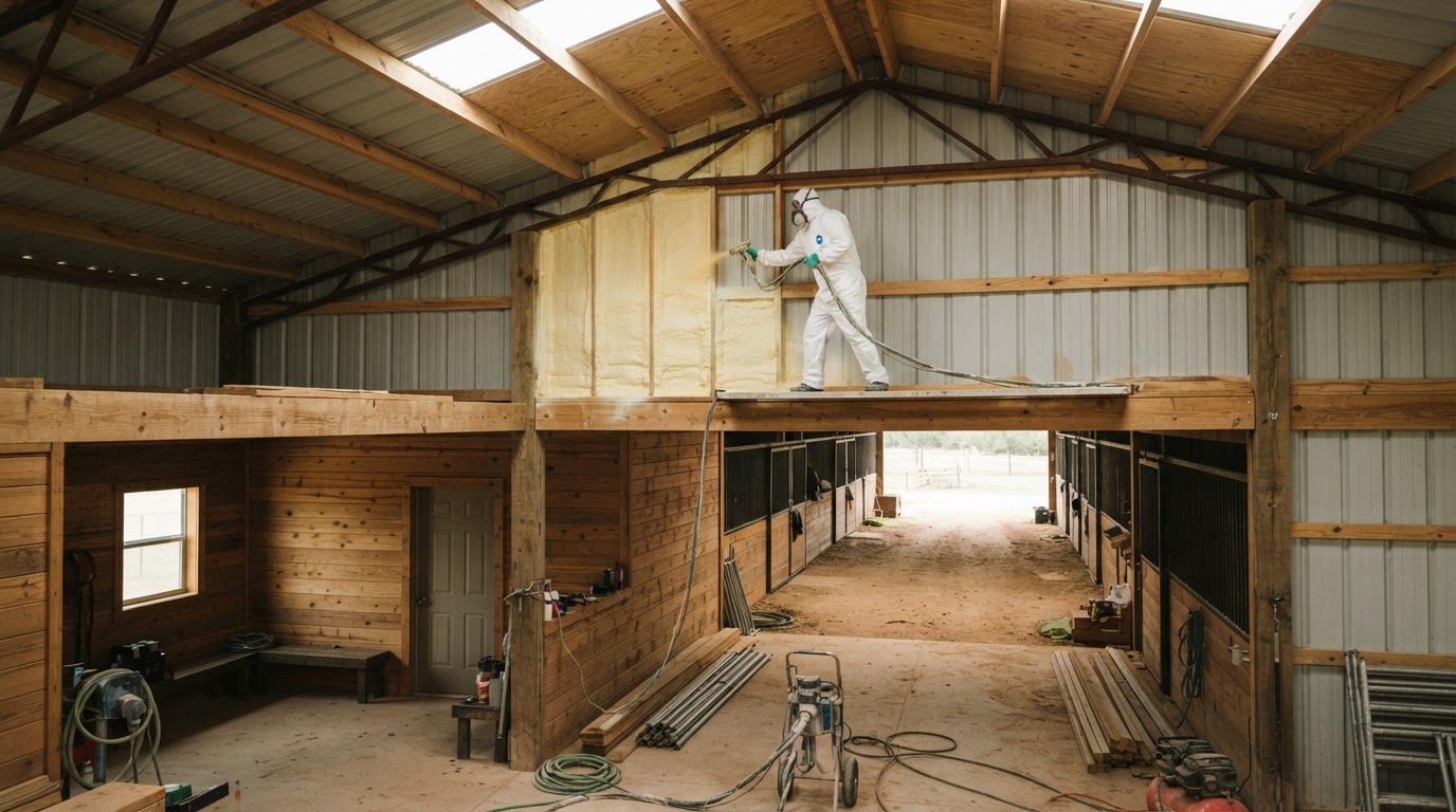 spray foam insulation being applied to the upper wall and roof assembly of a horse barn building envelope near San Marcos Texas