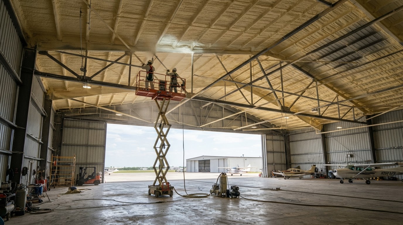 closed cell spray foam insulation being applied to the interior roof and wall panels of a large metal airplane hangar near San Marcos Texas