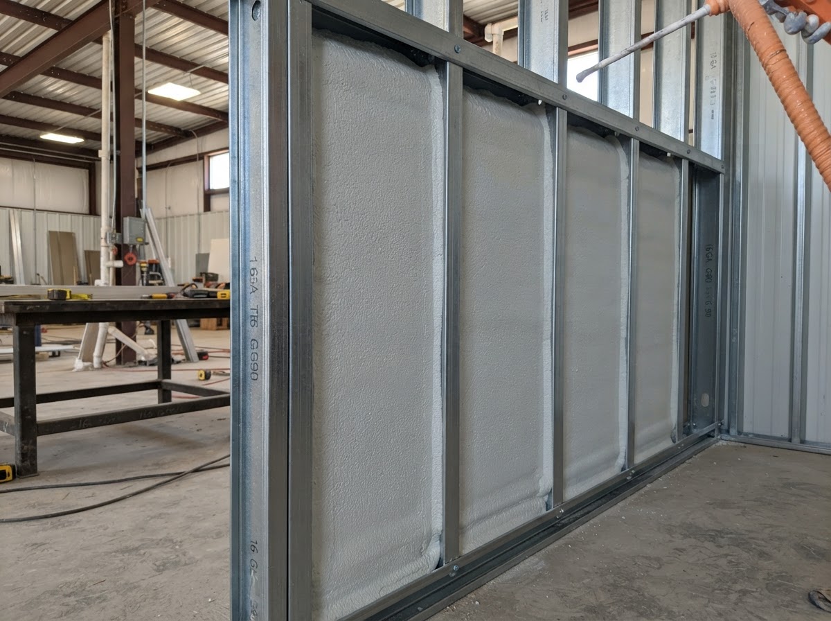 Close-up of freshly applied dense closed cell spray foam insulation between metal building steel framing studs in a Texas workshop