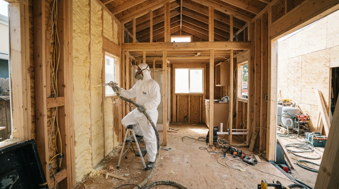 spray foam insulation being applied to the compact wall cavities and roof of a small framed tiny home under construction near San Marcos Texas