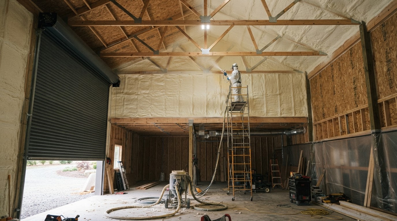 spray foam insulation being applied to the tall walls and roof deck of an RV garage near San Marcos Texas