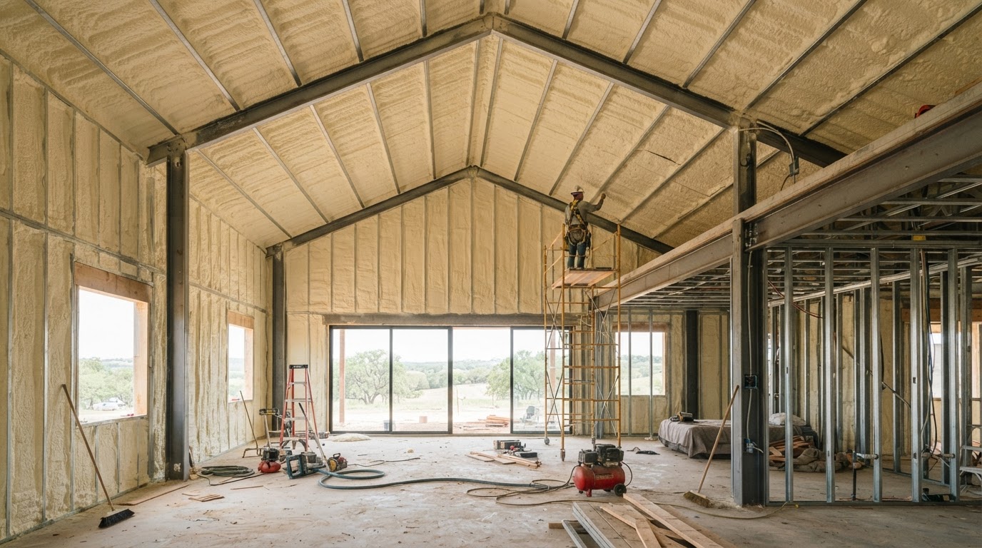 spray foam insulation applied to the roofline and wall assembly of a custom Hill Country home and barndominium serving the Wimberley Texas area
