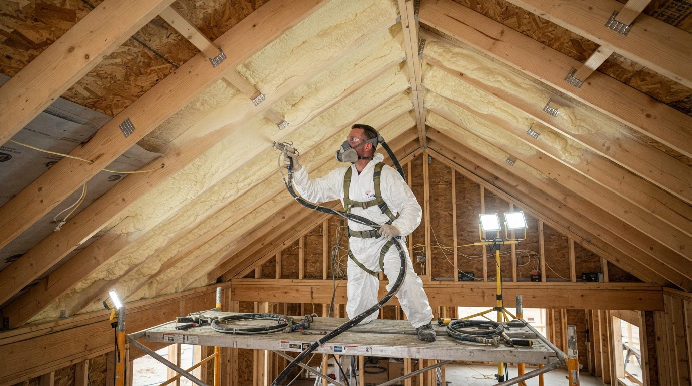 Professional spray foam insulation installer actively applying spray foam inside a residential attic roof deck in San Marcos Texas
