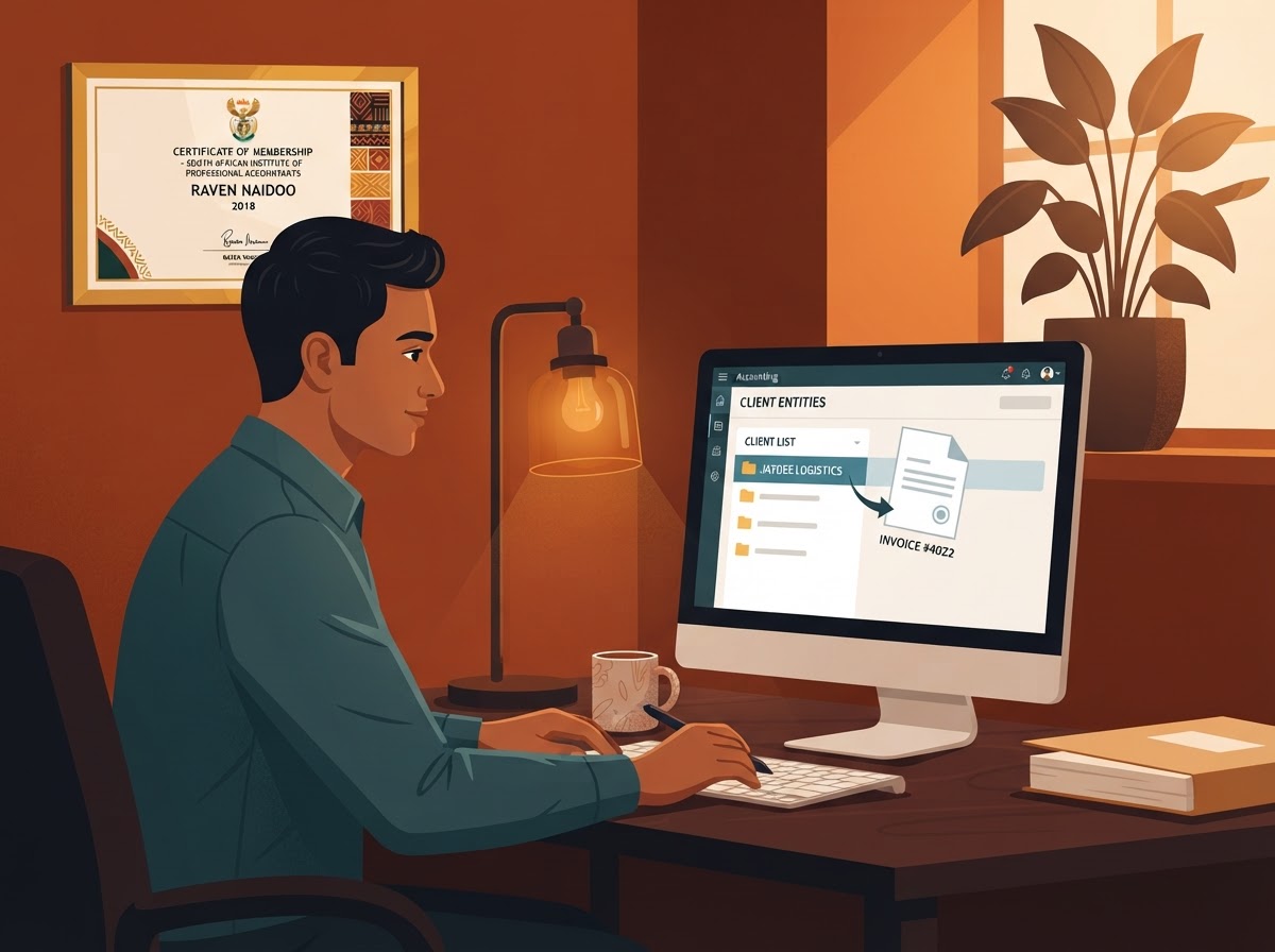 An Indian South African man accountant filing a document against the correct client entity