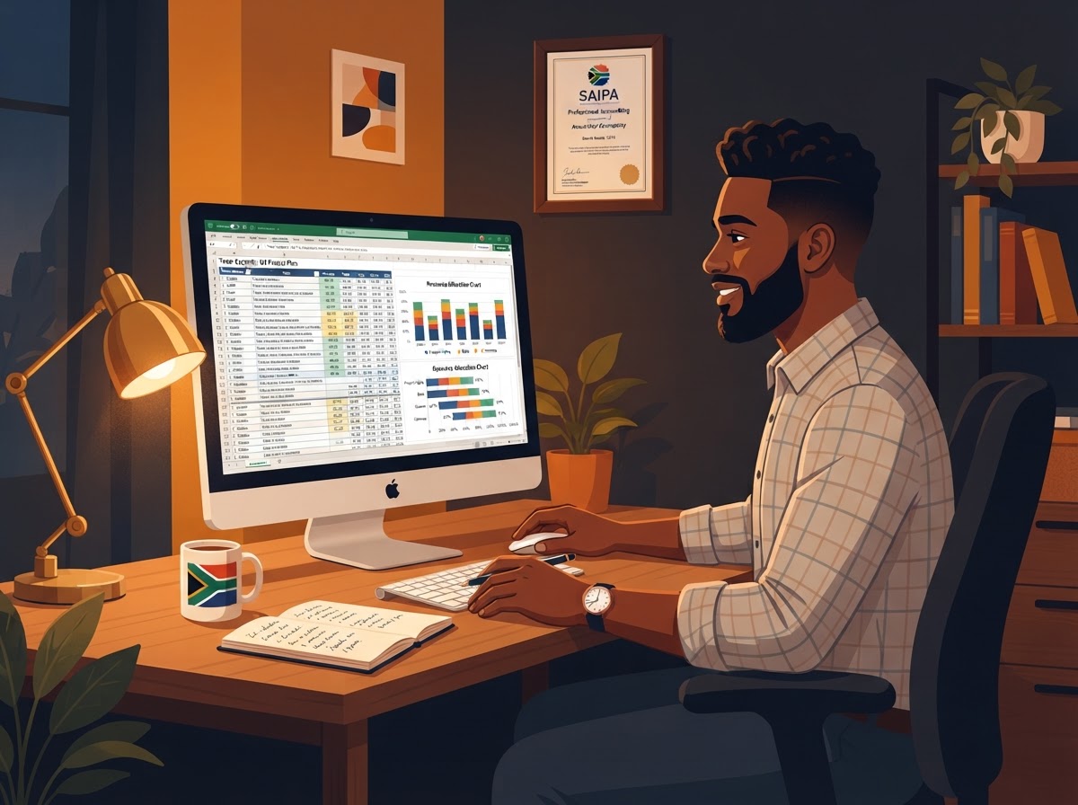 A Coloured South African man accountant planning team capacity with a workload spreadsheet and resource allocation chart