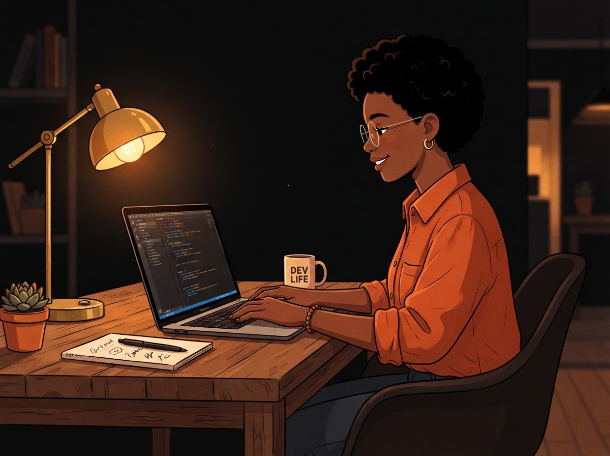 A South African software developer coding at a desk in a dark moody office
