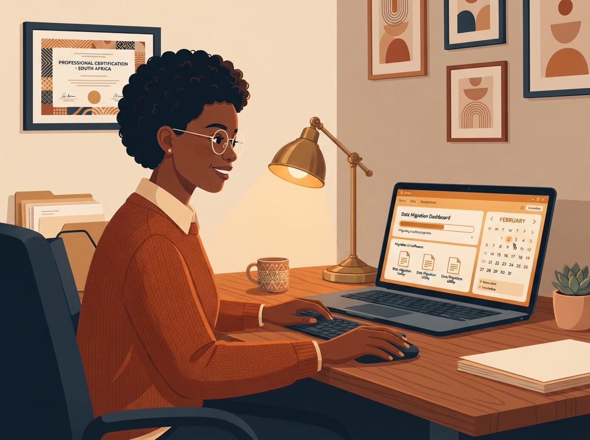 A Black South African woman accountant migrating practice data onto new software with a February calendar visible